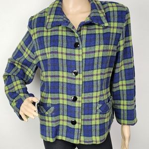 VTG New York & Co Jacket Green/Blue Plaid Wool Blend Large Grandmacore